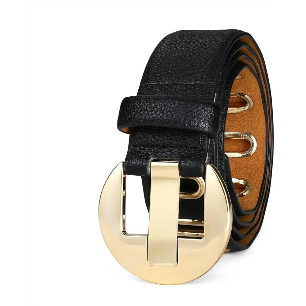 Women's Black Unique Gold Buckle Ladies Fashion Soft Faux Leather Waist Belt